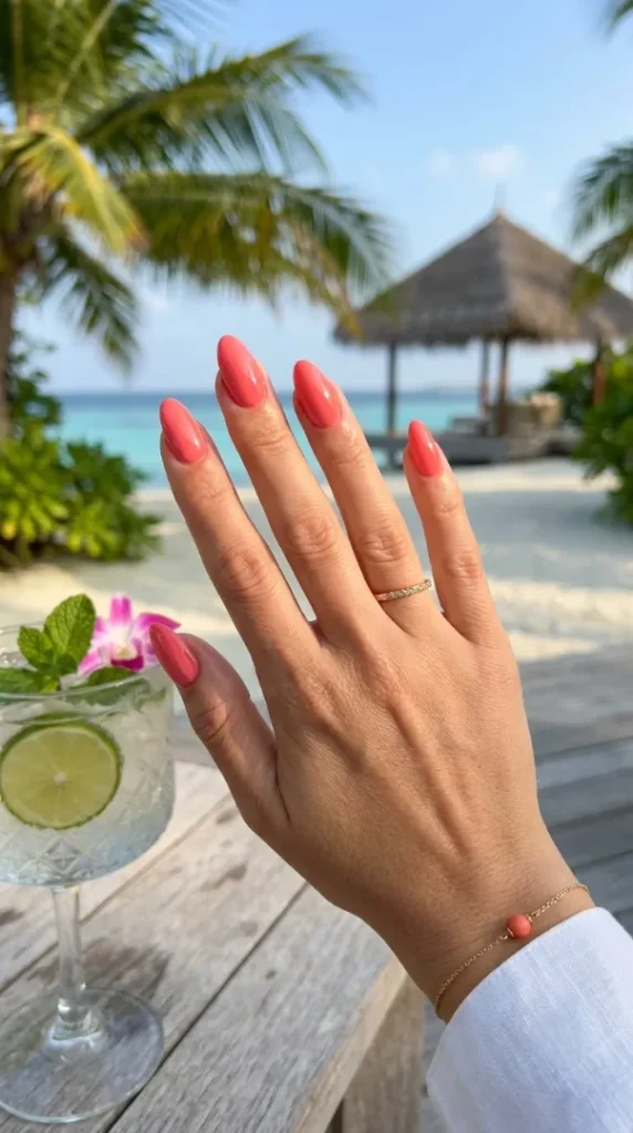 August Nails Ideas 2026: 20 Gorgeous Late-Summer Nail Designs and BIAB Inspiration compressed coral pink manicure on nails 202608080856 photoroom