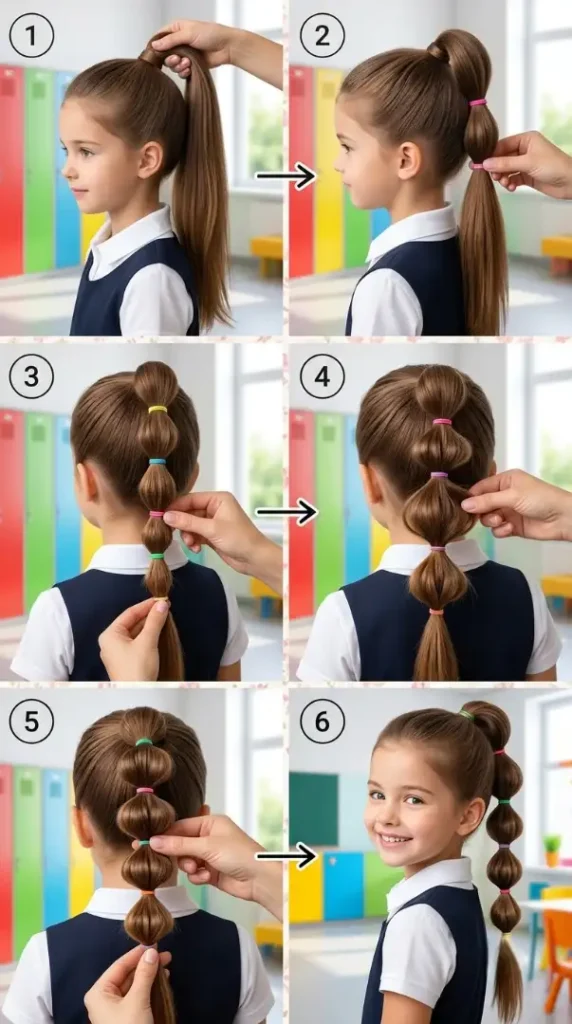 Easy Back-to-School Hairstyles for Kids That Are Cute, Quick & School Ready compressed creating bubble ponytail infogra… 202608170733 photoroom