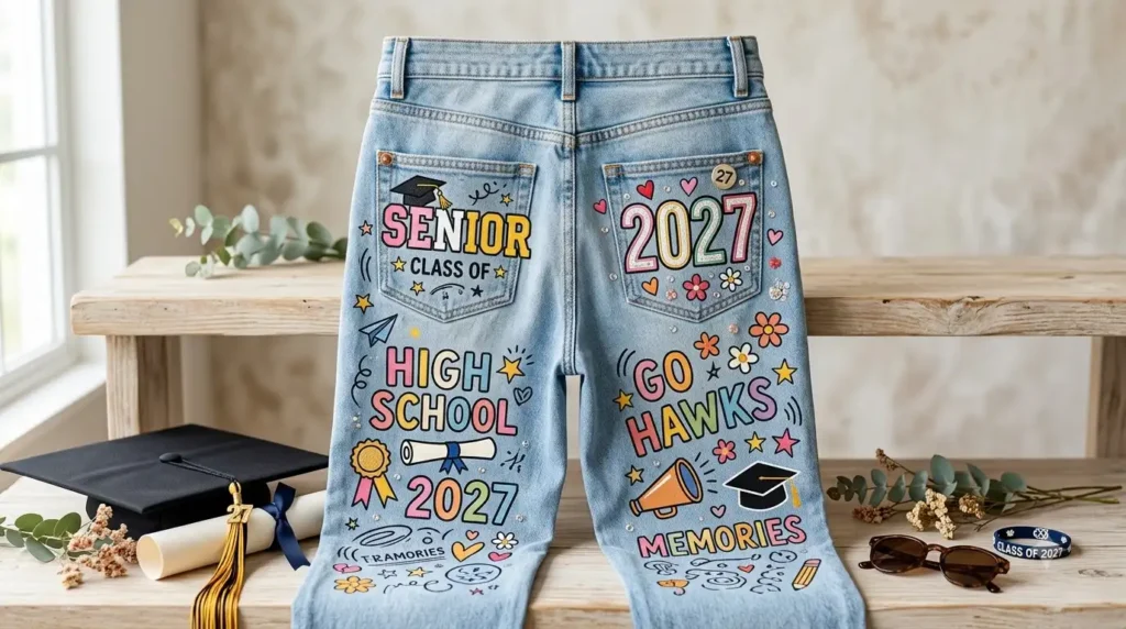 Back of Senior Jeans 2027: 25 Cute & Creative Senior Pants Ideas to Copy compressed decorated senior jeans displayed 202608212119