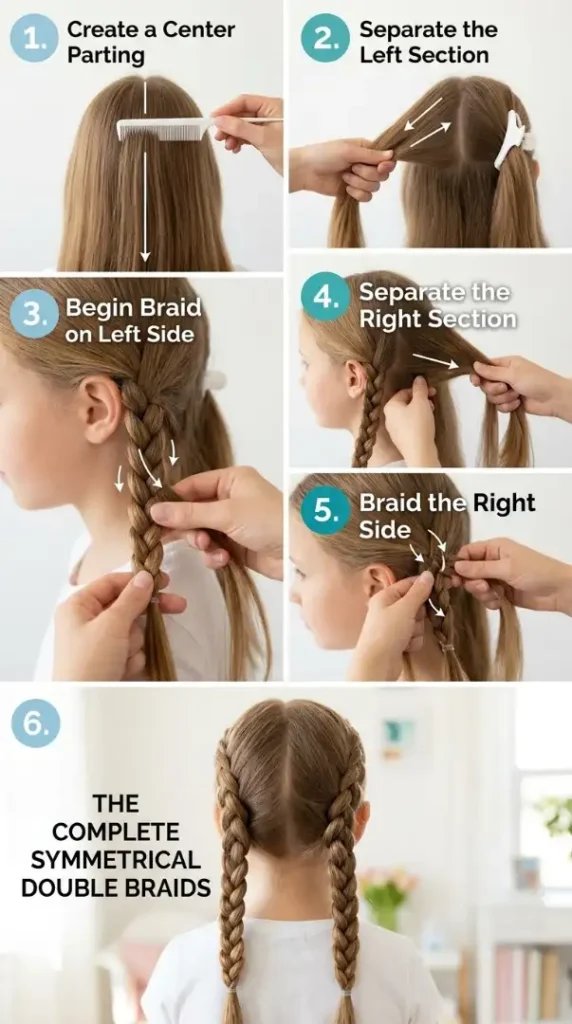 Easy Back-to-School Hairstyles for Kids That Are Cute, Quick & School Ready compressed double braids hairstyle infographic 202608170845 photoroom