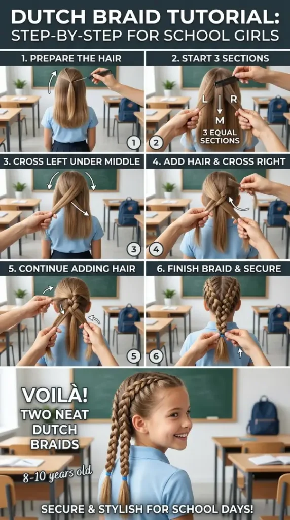 Easy Back-to-School Hairstyles for Kids That Are Cute, Quick & School Ready compressed dutch braid hairstyle infographic 202608170850 photoroom