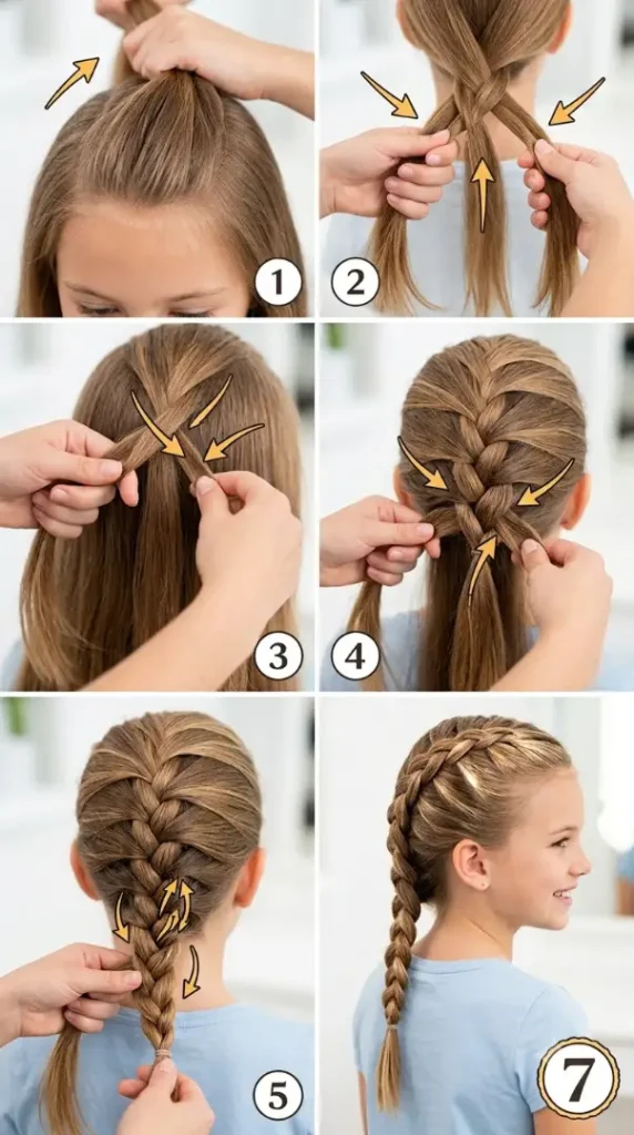 Easy Back-to-School Hairstyles for Kids That Are Cute, Quick & School Ready compressed french braid tutorial infographic 202608170848 photoroom