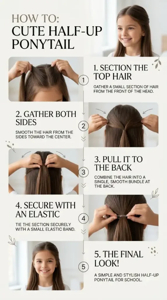Easy Back-to-School Hairstyles for Kids That Are Cute, Quick & School Ready compressed girl creating half up ponytail 202608170730