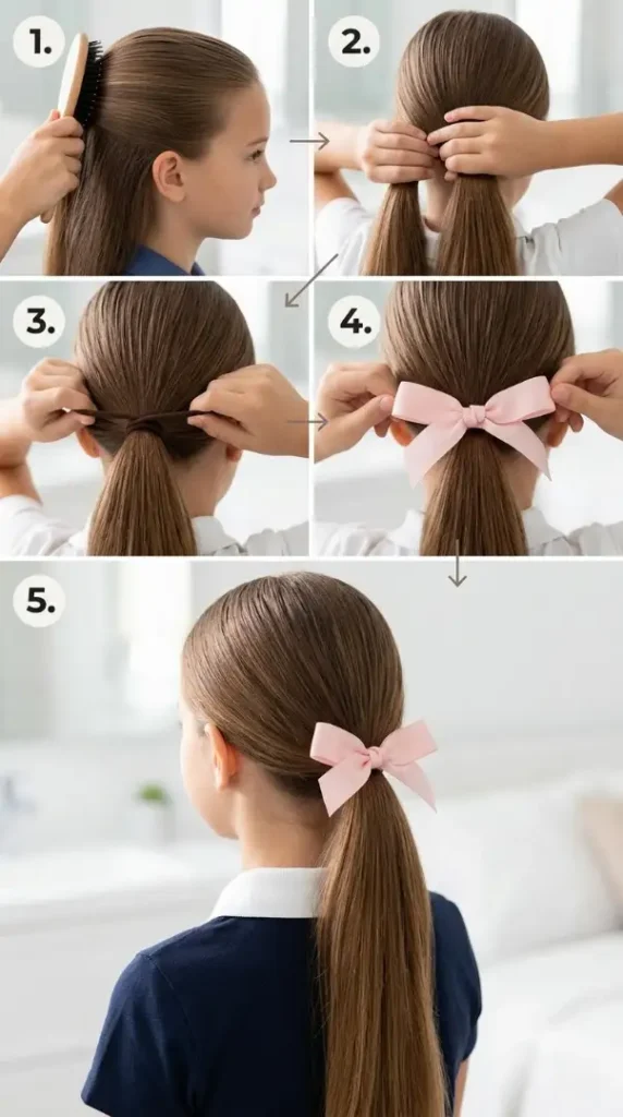 Easy Back-to-School Hairstyles for Kids That Are Cute, Quick & School Ready compressed girl creating low ponytail infog… 202608170729 photoroom