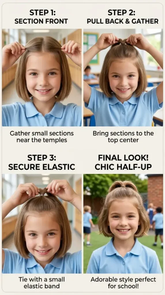 Easy Back-to-School Hairstyles for Kids That Are Cute, Quick & School Ready compressed girl styling half up hair infogr… 202608170859