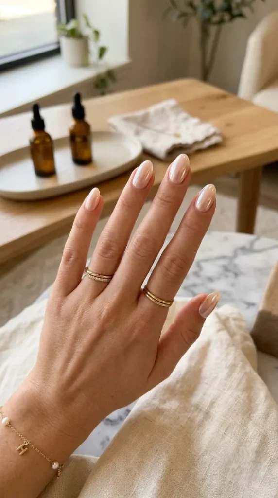 August Nails Ideas 2026: 20 Gorgeous Late-Summer Nail Designs and BIAB Inspiration compressed glazed pearl chrome manicure 202608080924 photoroom