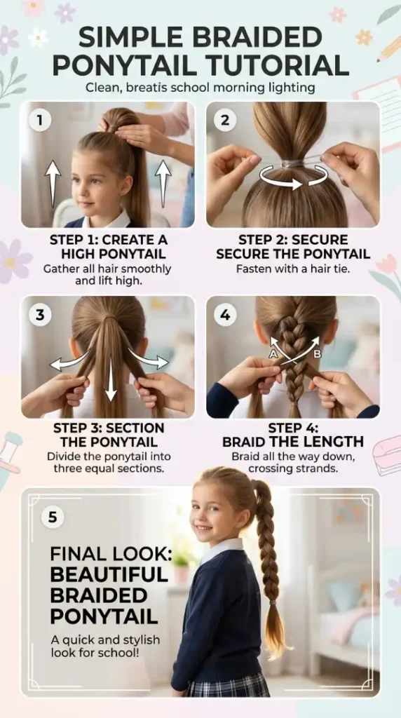 Easy Back-to-School Hairstyles for Kids That Are Cute, Quick & School Ready compressed infographic showing braided pony… 202608170852 photoroom