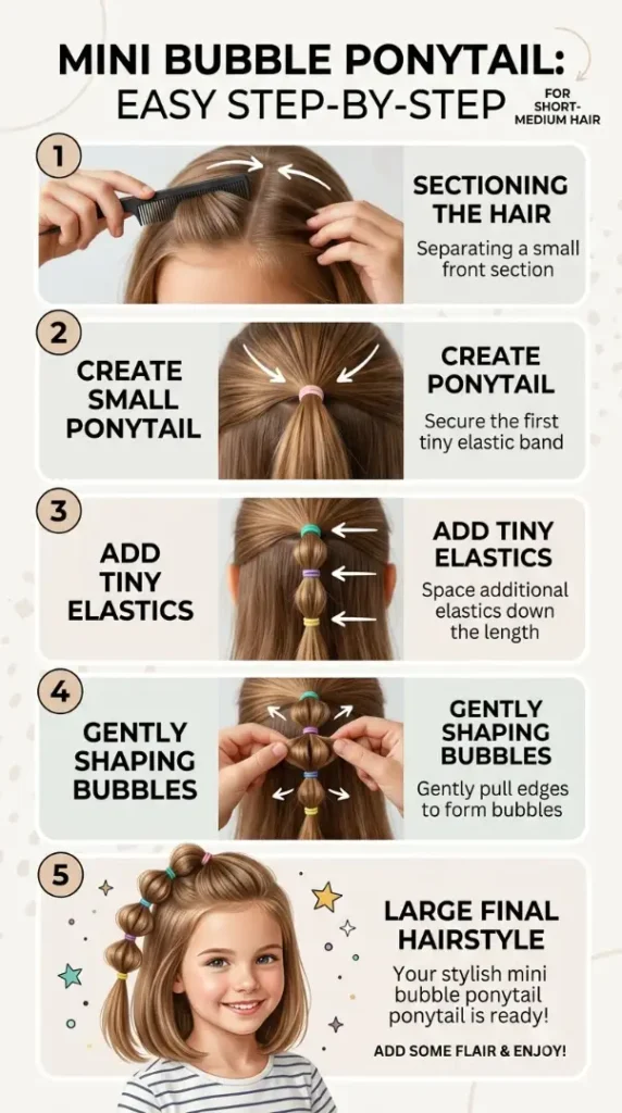 Easy Back-to-School Hairstyles for Kids That Are Cute, Quick & School Ready compressed mini bubble ponytail infographic 202608170917