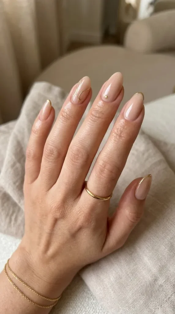 August Nails Ideas 2026: 20 Gorgeous Late-Summer Nail Designs and BIAB Inspiration compressed nude and gold manicure 202608080908 photoroom