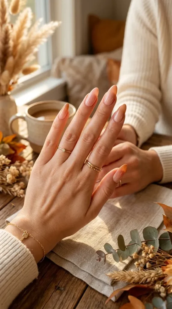 August Nails Ideas 2026: 20 Gorgeous Late-Summer Nail Designs and BIAB Inspiration compressed ombre manicure with warm tones 202608080921 photoroom