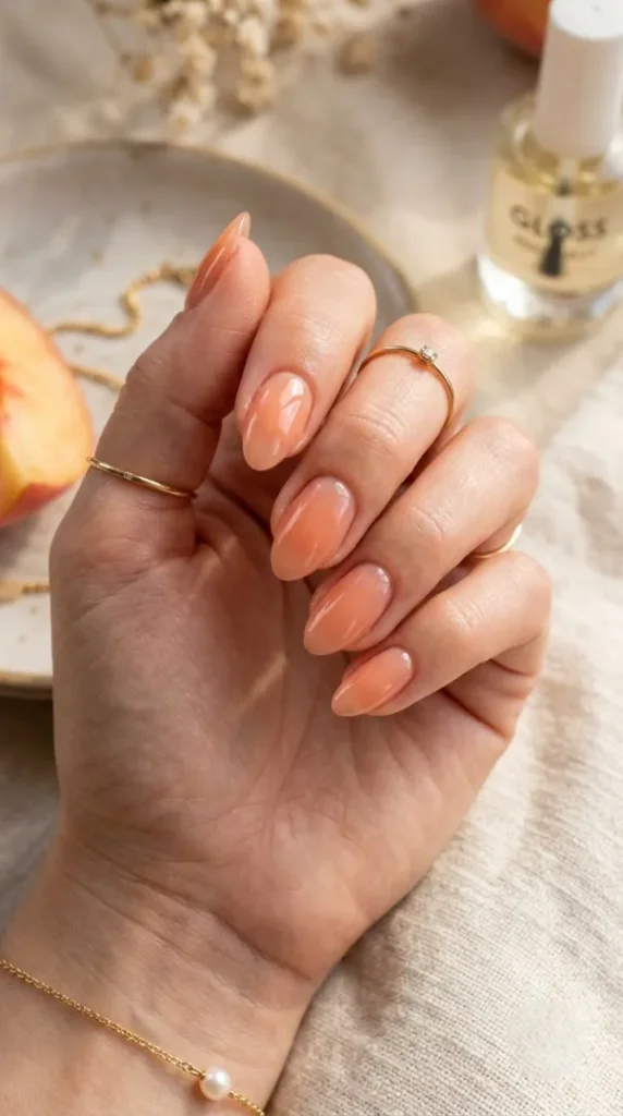 August Nails Ideas 2026: 20 Gorgeous Late-Summer Nail Designs and BIAB Inspiration compressed peach jelly manicure on nails 202608080919 photoroom
