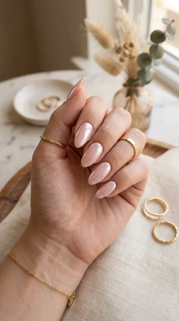 August Nails Ideas 2026: 20 Gorgeous Late-Summer Nail Designs and BIAB Inspiration compressed pearl chrome almond nails manicure 202608080857 photoroom