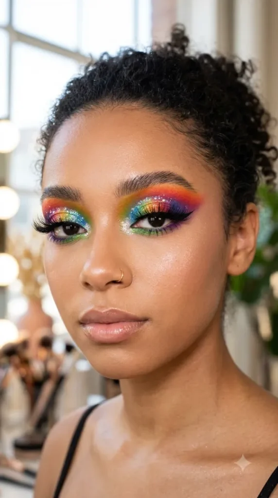 25 Creative Eyeshadow Looks That Instantly Stand Out compressed rainbow eyeshadow makeup with gl… 202608032132