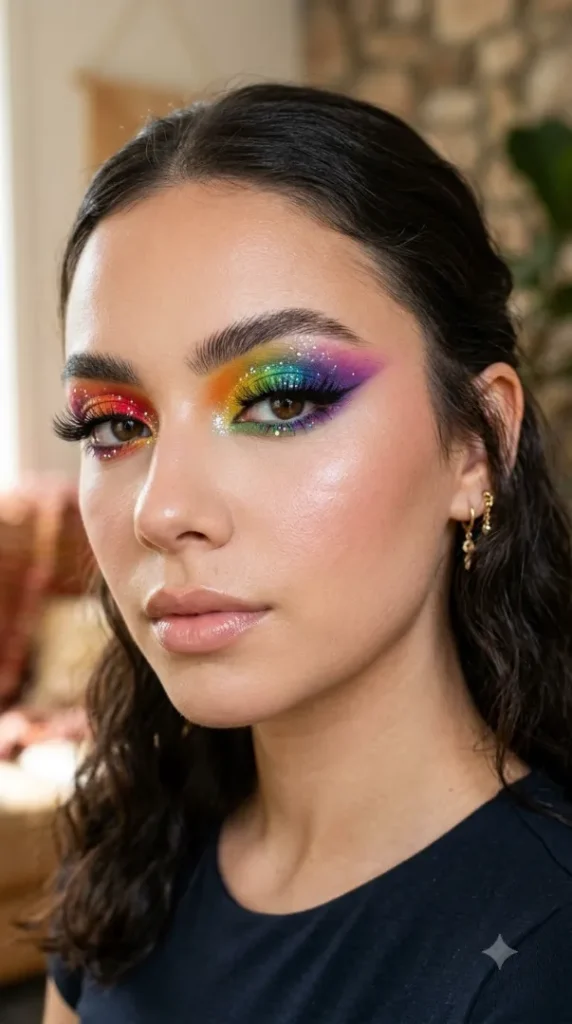 25 Creative Eyeshadow Looks That Instantly Stand Out compressed rainbow eyeshadow makeup with gl… 202608032134