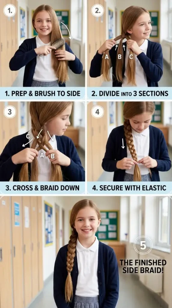 Easy Back-to-School Hairstyles for Kids That Are Cute, Quick & School Ready compressed side braid hair tutorial infogra… 202608170851 photoroom