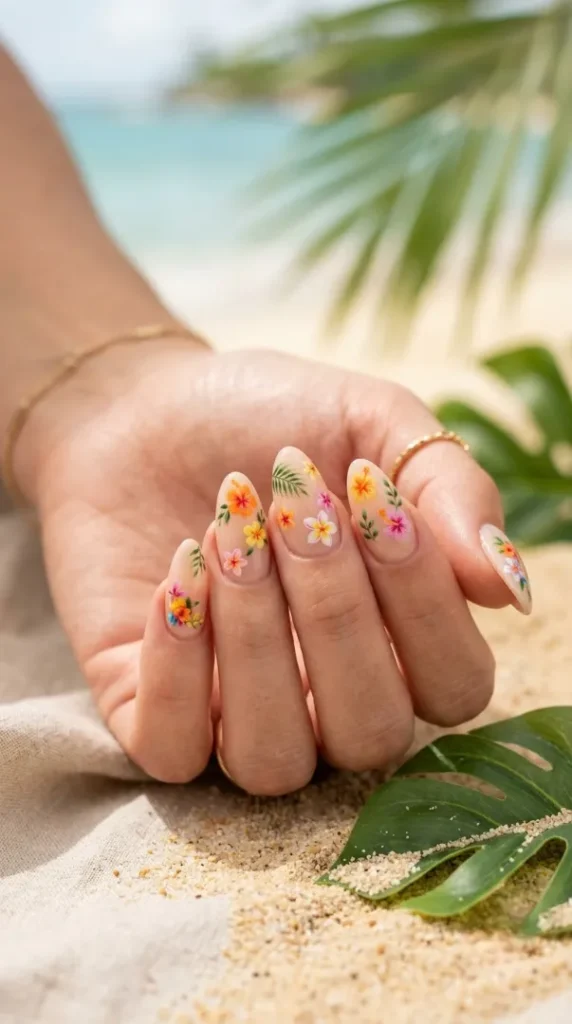 August Nails Ideas 2026: 20 Gorgeous Late-Summer Nail Designs and BIAB Inspiration compressed tropical flower nail art 202608080901 photoroom
