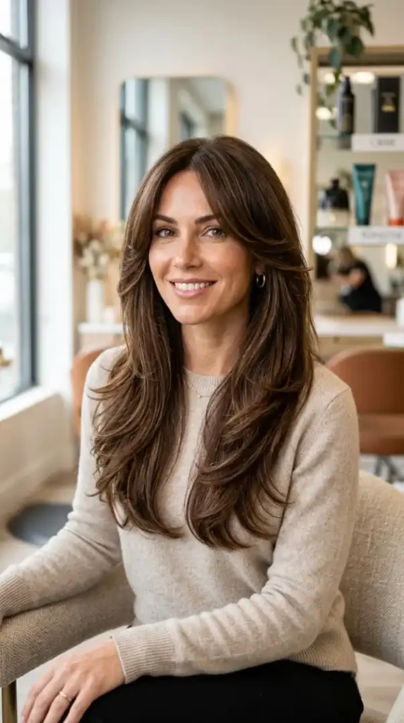 27 Long Layered Haircuts That Add Gorgeous Volume & Movement compressed woman posing in beauty studio 202608090841 photoroom