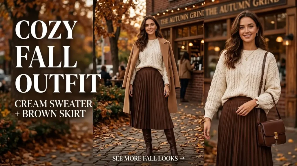 Cozy Fall Outfit Inspiration: Cream Sweater & Brown Skirt Ideas compressed woman wearing fall outfit 202608242049 photoroom