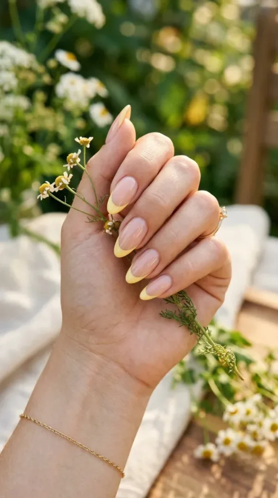August Nails Ideas 2026: 20 Gorgeous Late-Summer Nail Designs and BIAB Inspiration compressed yellow french tip almond nails 202608080855 photoroom