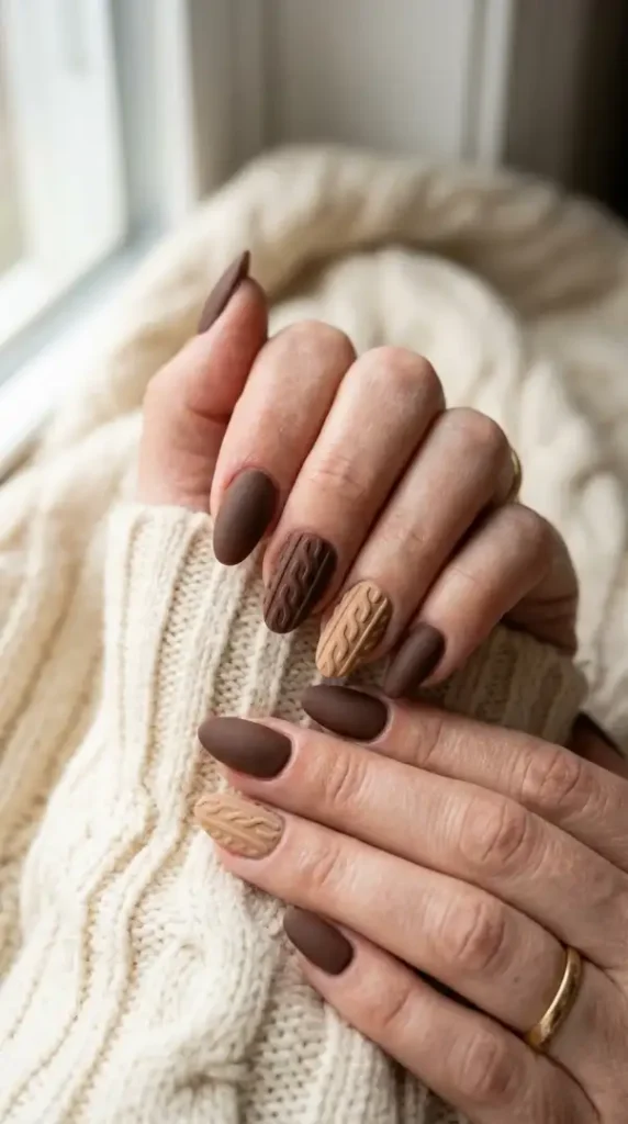 35+ Chic Fall Nails 2026 Trends & Trendy Brown Nail Art Ideas compressed woman showing autumn manicure 20260914074533 photoroom