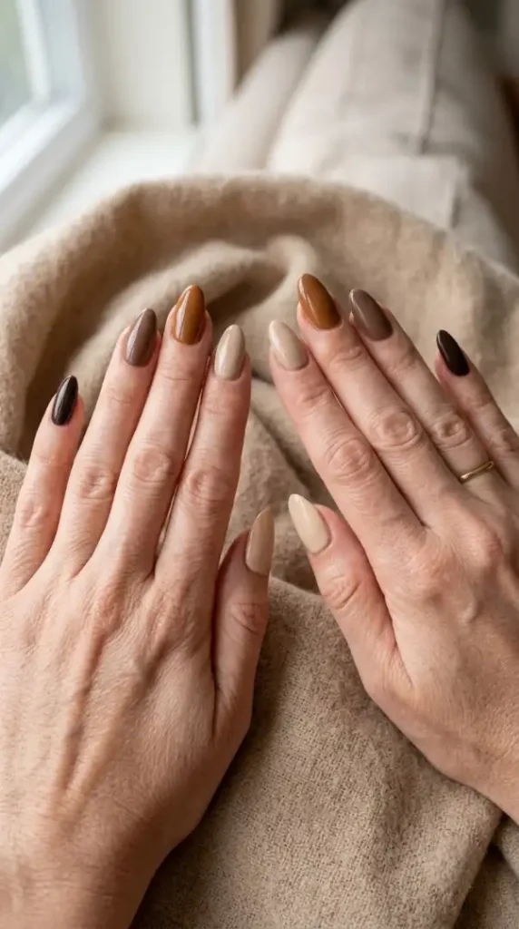 35+ Chic Fall Nails 2026 Trends & Trendy Brown Nail Art Ideas compressed woman showing brown skittle mani… 20260914074906 photoroom