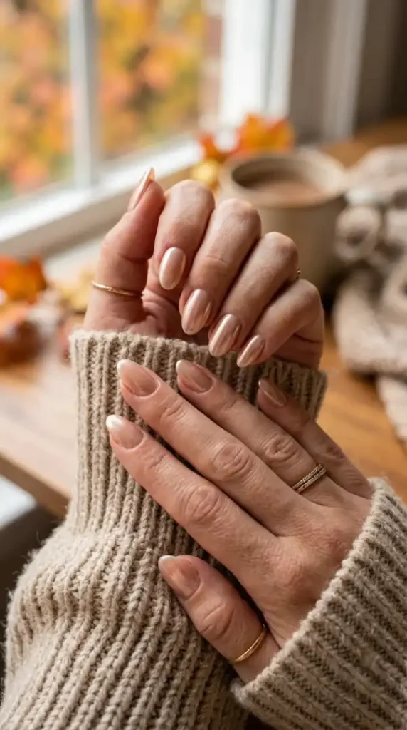 35+ Chic Fall Nails 2026 Trends & Trendy Brown Nail Art Ideas compressed woman showing fall chrome nails 20260914074220 photoroom