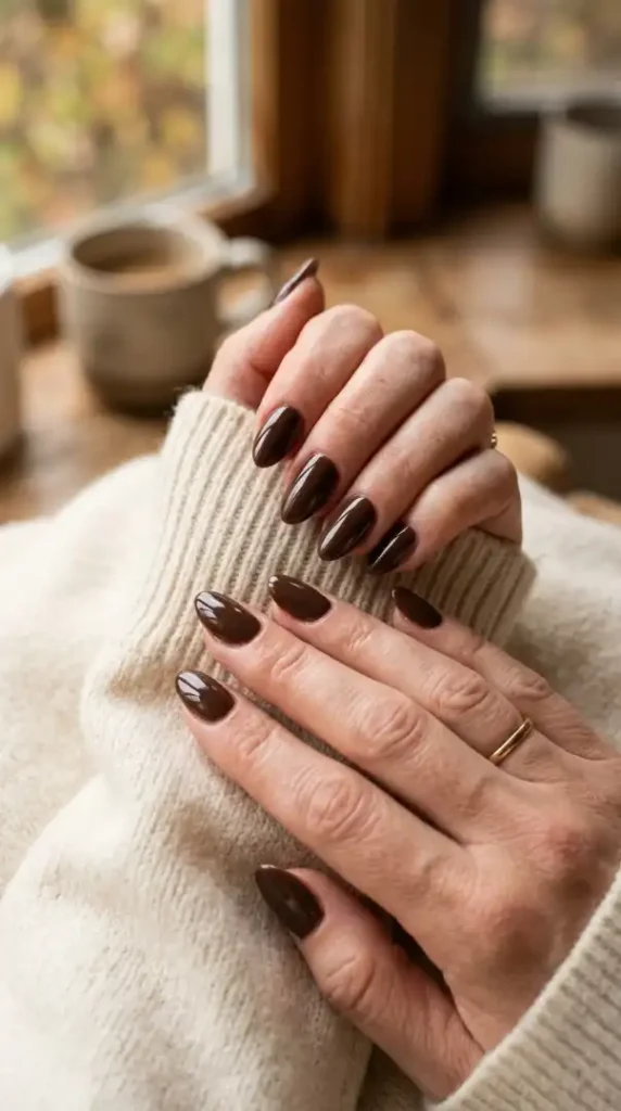 35+ Chic Fall Nails 2026 Trends & Trendy Brown Nail Art Ideas compressed woman wearing brown nail polish 20260914074711 photoroom